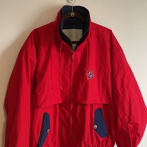 VTG 90s Jacket Gear Sports Boating Large Red Navy Blue Long Sleeve Windbreaker - Picture 2 of 14
